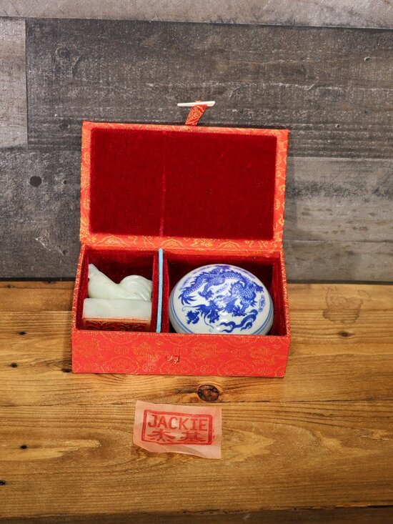 Chinese Ink and Stamp Other - Vintage Chinese Ink and Stamp Set Carved Soapstone Rooster Personalized "JACKIE"